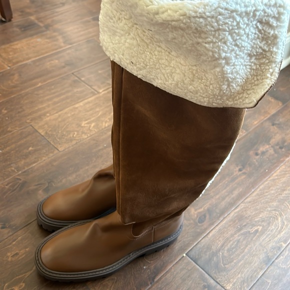 Zara Over The Knee Leather Suede Boots New Sz 7.5 Brown Shearling - Picture 3 of 8